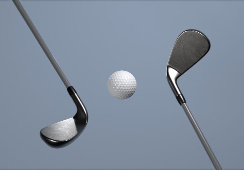 Golf clubs and ball ready to swing.